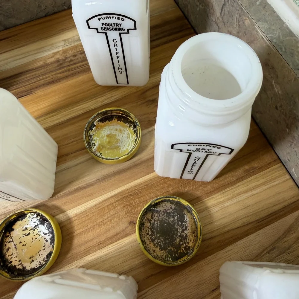 Vintage Griffiths Milk Glass Spice Jars Set of 9 White Art Deco Yellow Lids